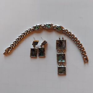 Vintage abalone silver jewelry set- necklace pendant, earrings, and bracelet
